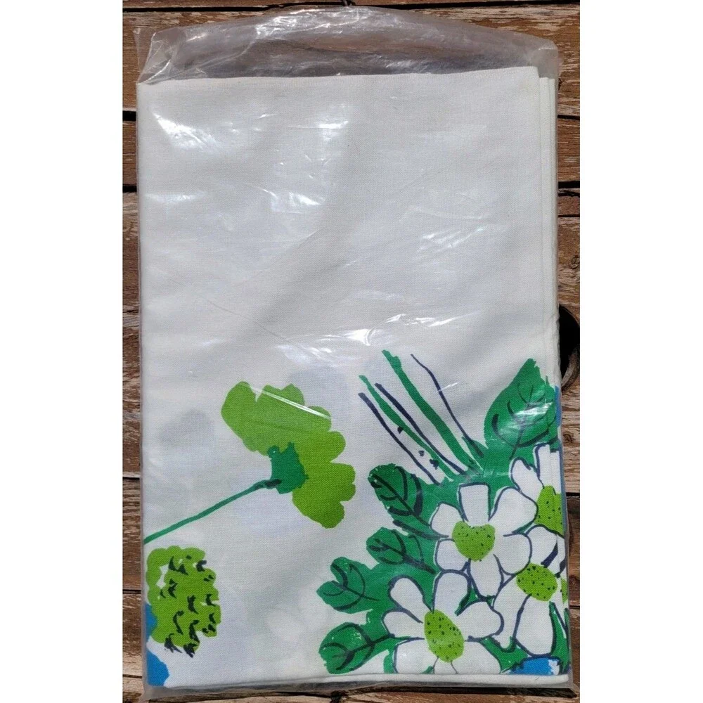 Vtg Vera Neumann Tablecloth MCM Blue Green Floral Daisies Flower Power 60x84